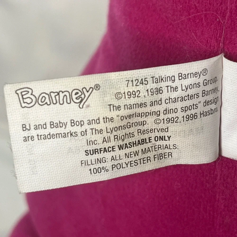 Vintage Playskool Talking Barney Dinosaur Plush 1992 1996 Purple 17 Inch Toy